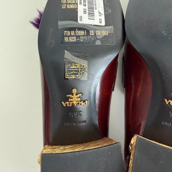 Prada Penny Loafers Shoes Womens 35.5 EU Leather Embellished Heeled Fur Tasseled - Picture 16 of 16